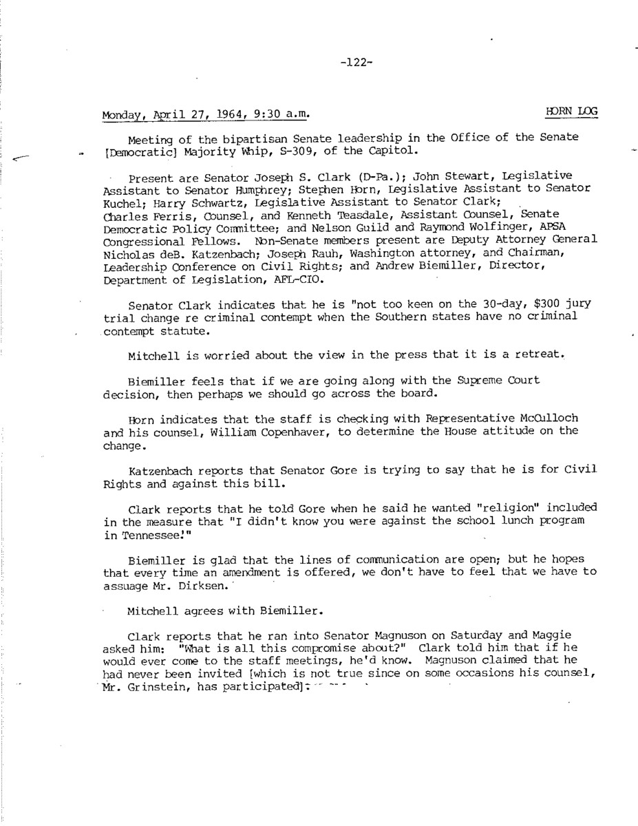 This document represents one part of a larger log kept by Stephen Horn during discussions about the Civil Rights Act of 1964. The document includes an analysis of the Dirksen amendment and a press release by the Anti-Defamation League of B'nai B'rith.