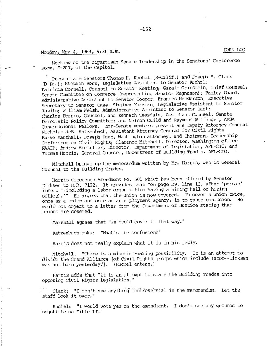 This document represents one part of a larger log kept by Stephen Horn during discussions about the Civil Rights Act of 1964.