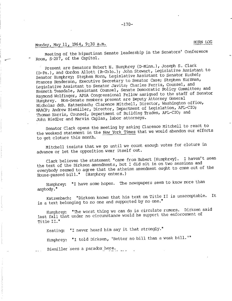 This document represents one part of a larger log kept by Stephen Horn during discussions about the Civil Rights Act of 1964. The document includes Civil Rights Bill amendments proposed by Jacob Javits, Kenneth Keating, and Leverett Saltonstall.