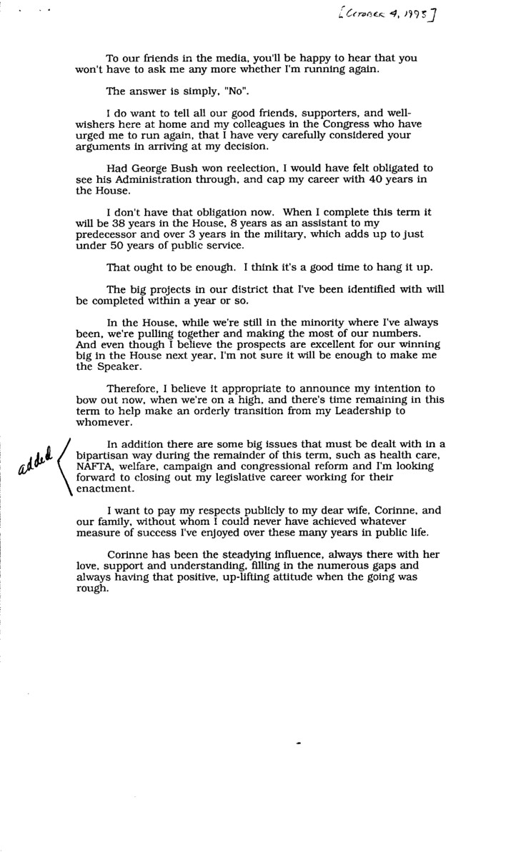 Robert H. Michel gave this speech in Peoria, IL, to announce his decision to not seek re-election.