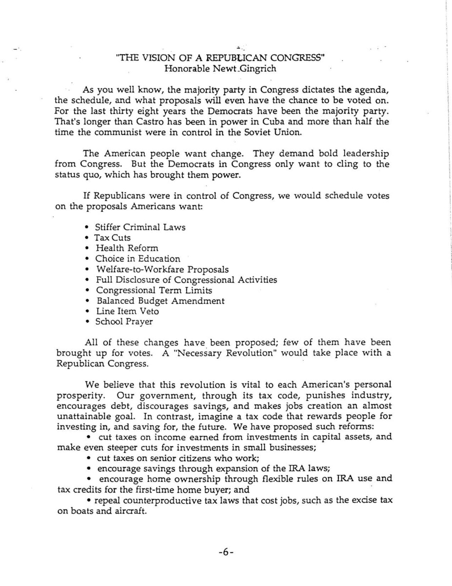 Part of a larger document, titled "The Republican Congress: A Manifesto for Change in the House of Representatives", that outlined the Republican Party's plans should they achieve a majority, this 1992 paper details the party's political agenda and priorities.