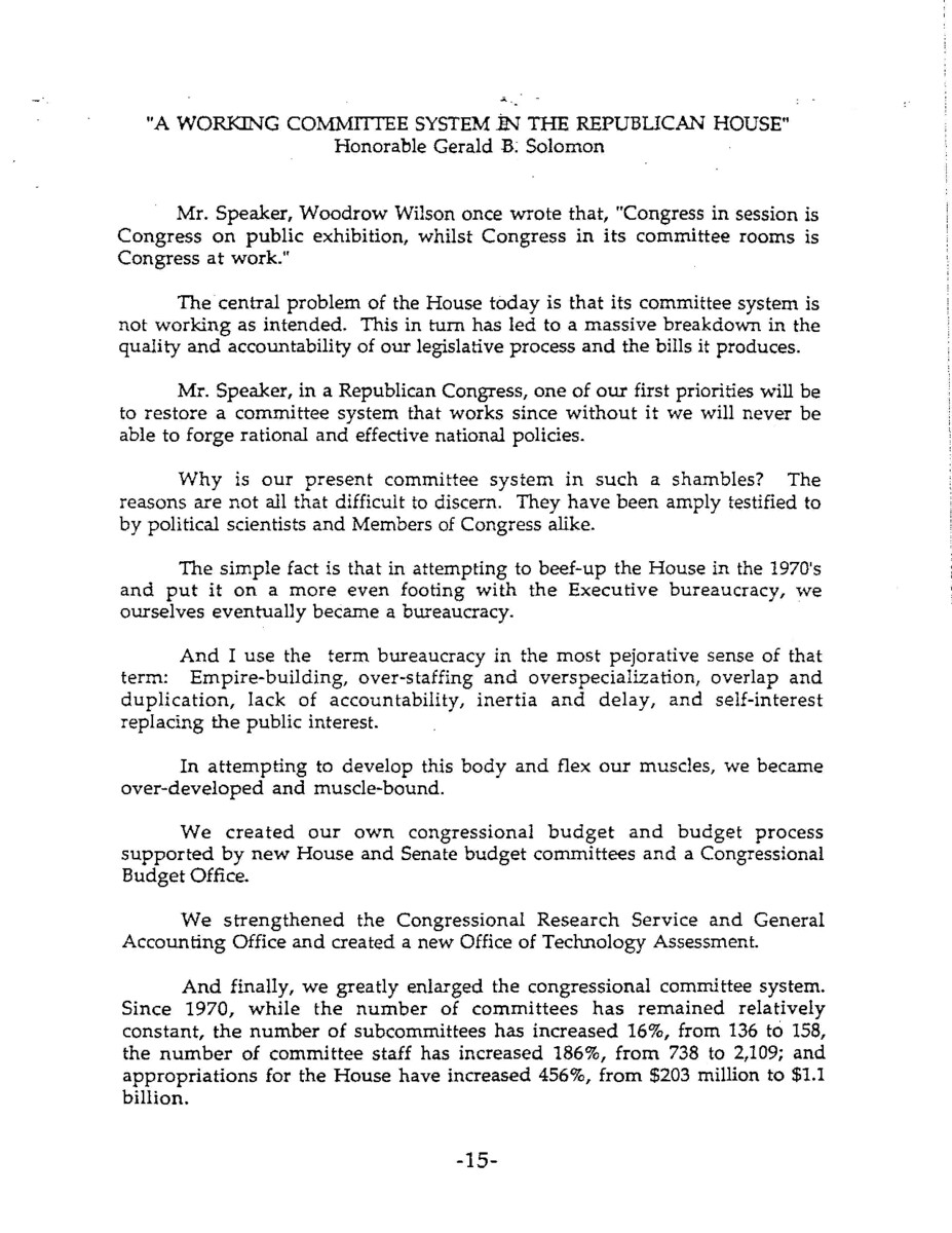 Part of a larger document, titled "The Republican Congress: A Manifesto for Change in the House of Representatives", that outlined the Republican Party's plans should they achieve a majority, this 1992 paper details the party's position on congressional committees.