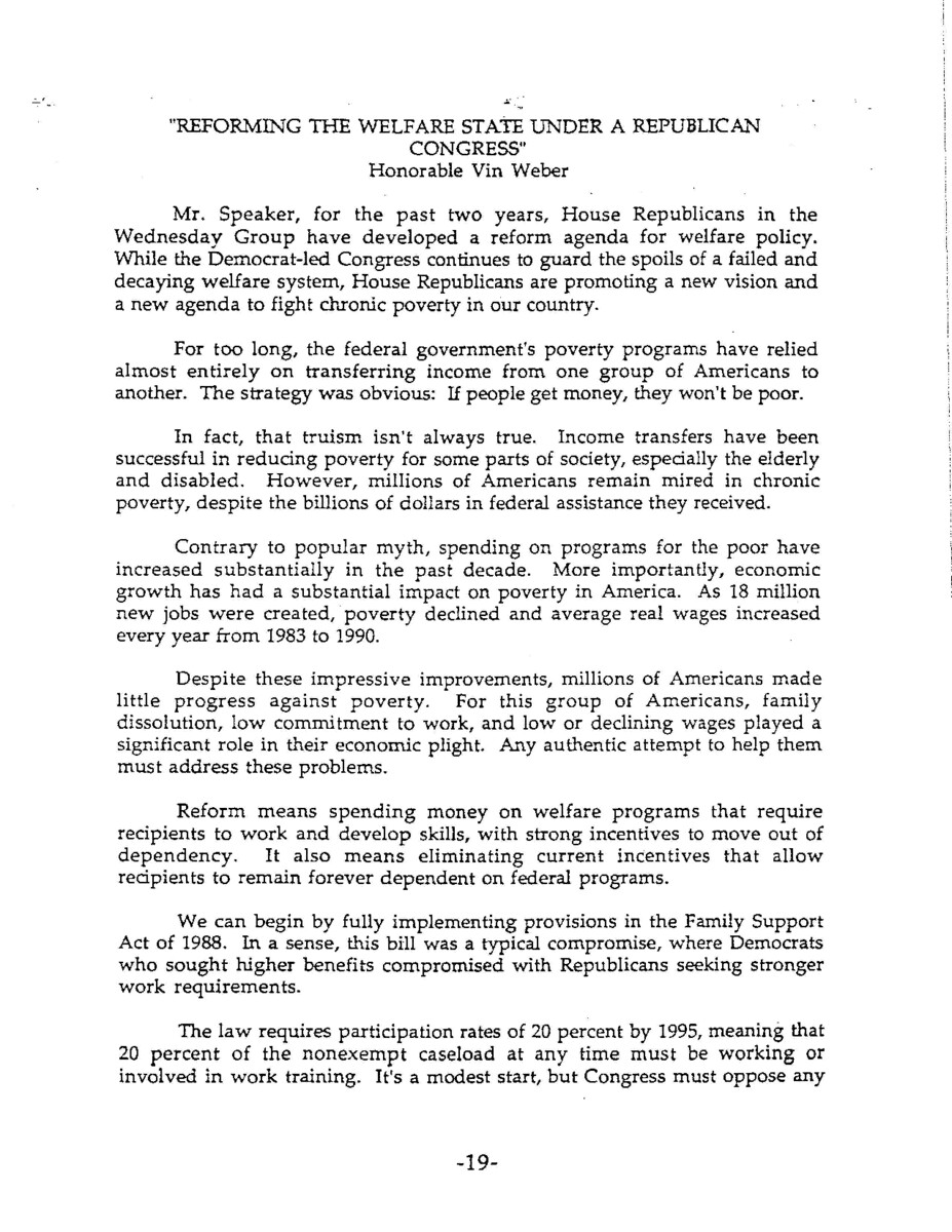 Part of a larger document, titled "The Republican Congress: A Manifesto for Change in the House of Representatives", that outlined the Republican Party's plans should they achieve a majority, this 1992 paper details the party's stance on welfare programs.