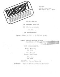 ["This interview transcript records Senator Everett McKinley Dirksen's appearance on Face the Nation on CBS Television Network and CBS Radio Network. Dirksen fields questions regarding rioting in U.S. cities, the Vietnam War, and gun control."]
