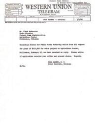 ["The document is a series of communications regarding a grant application for the Broken Bow Public Works Authority's water project. The application was sent to the Farmers Home Administration in Stillwater, Oklahoma, but there was no reply. The sender, Carl Albert, followed up with the authorities and received confirmation that the application was received and being reviewed. Subsequent letters express frustration with the lack of information and difficulty in reaching the right person for updates on the grant eligibility. The sender promises to provide an update once more information is obtained."]