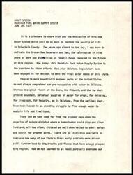 ["The document is a draft speech about the importance of water supply systems in Oklahoma, highlighting the historical struggle for water resources in the state and the role of federal government in developing water infrastructure. It also discusses the increasing demand for water globally and the need for urgent action to address pollution and water treatment issues. The speech stresses the importance of preserving and managing water resources for future generations."]