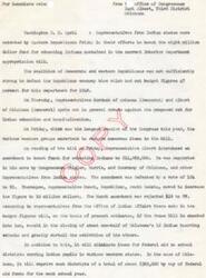 ["Congressman Carl Albert and other representatives from Indian states were outvoted by Eastern Republicans in their efforts to increase funding for Indian education in the Interior Department appropriation bill. The proposed cuts will result in the closure of half of Oklahoma's Indian boarding schools and reduce federal aid to school districts serving Indian pupils. Despite objections, the budget cuts were approved in the House, but it is expected that some cuts may be restored in the Senate."]