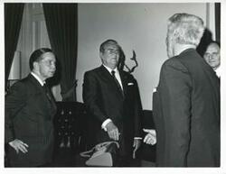 ["Black and white photograph print of Carl Albert standing with President Josip B. Tito of Yugoslavia and others. November 1971"]