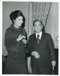 ["Black and white photograph print of Imelda Marcos of the Philippines speaking with Carl Albert during her visit to the U.S. on January 18, 1973"]