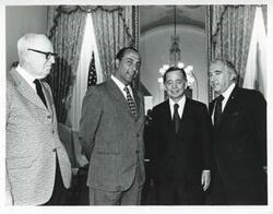["Black and white photograph print of Carl Albert posing with Antonio Cariglo, Chief of Parliament of Social Democrats of Italy. Peter Rodino is also shown. September 21, 1972"]