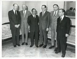 ["Black and white photograph print of Gerald R. Ford, Les Arends, President Thieu of Vietnam, John McFall, and Carl Albert posing for a picture. April 5, 1973"]