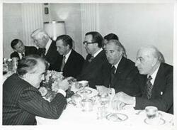 ["Black and white photograph print of John Volpe, Thomas P. O'Neill, Carl Albert, Peter Rodino, and Prime Minister Andreotti from Italy at a luncheon honoring Andreotti. April 18, 1973"]