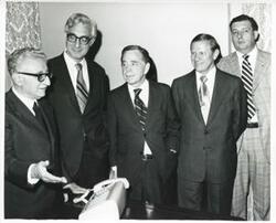 ["Black and white photograph print of Carl Albert, President Leone of Italy, John Volpe, and others. September 26, 1974"]