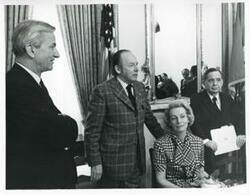 ["Black and white photograph print of Carl Albert with Wayne Hays and Anna Marie Renegar, the head of the German Bundestag. April 8, 1974"]