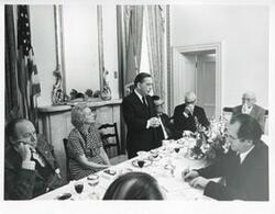 ["Black and white photograph print of Carl Albert with Wayne Hays and Anna Marie Renegar, the head of the German Bundestag. April 8, 1974"]