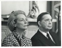 ["Black and white photograph print of a close up of Carl Albert and Anna Marie Renegar, the head of the German Bundestag. April 8, 1974"]