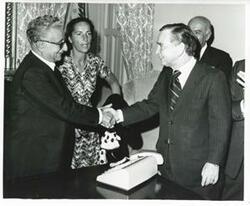 ["Black and white photograph print of Carl Albert with President Leone of Italy and others. September 26, 1974"]