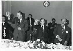 ["Black and white photograph print of Thomas E. Morgan and Carl Albert with others seated at a dinner table during the Korean-U.S. Interparliamentary Conference. July 22-23, 1973"]