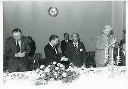 ["Black and white photograph print of Thomas E. Morgan, Carl Albert, Thomas P. O'Neill and others at a dinner table during the Korean-U.S. Interparliamentary Conference. July 22-23, 1973"]