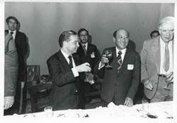 ["Black and white photograph print of Carl Albert, Thomas P. O'Neill, John Foote, and others at a dinner table during the Korean-U.S. Interparliamentary Conference. July 22-23, 1973"]