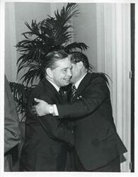 ["Black and white photograph print of Carl Albert shaking hands with an unidentified man during the Korean-U.S. Interparliamentary Conference. July 22-23, 1973"]