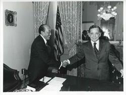 ["Black and white photograph print of Carl Albert shaking hands with an unidentified Korean man during the Korean-U.S. Interparliamentary Conference. July 22-23, 1973"]
