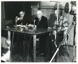 ["Black and white photograph print of Carl Albert, Sam Rayburn, Tom Steed at a press conference."]