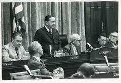 ["Black and white photograph print of Carl Albert speaking at an unidentified function."]