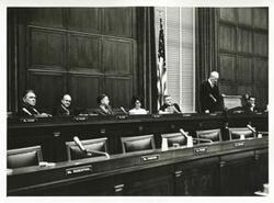 ["Black and white photograph print of Hale Boggs, Melvin Laird, Carl Albert, John W. McCormack, and Clement Zablocki."]