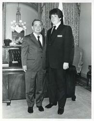 ["Black and white photograph print of Carl Albert posing with Charlie Jones on April 30, 1975"]