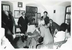 ["Black and white photograph print of Carl Albert with others with the House delegation trip to USSR, Romania, Yugoslavia. August 1975"]