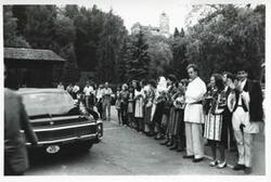 ["Black and white photograph print of group of people during the House delegation trip. August 1975"]