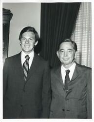 ["Black and white photograph print of Carl Albert with Basil Bigbie, 1971 Summer intern."]