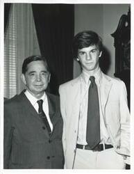["Black and white photograph print of Carl Albert with David Jeffers, 1971 Summer intern."]
