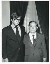 ["Black and white photograph print of Carl Albert with Skip Stephens (1971 Ewing Fellow."]