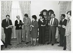 ["Black and white photograph print of farewell party for Mike Reed. March 12, 1976 Carl Albert, Mike Reed, and Tammy Kitchens identified in some of the images."]