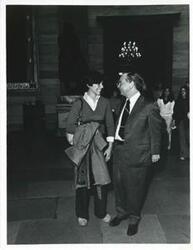 ["Black and white photograph print of Carl Albert speaking with Leslie Lytel from Conshohocken, PA. April 1975"]