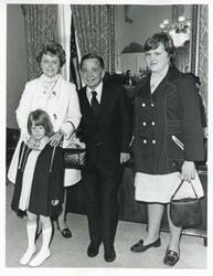 ["Black and white photograph print of Barbara Morgan Buckley, Mrs. Ned Finkenstaedt, and Carl Albert. April 22, 1975"]