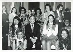 ["Black and white photograph print of Carl Albert, Jane England Lawton, and others at Lawton's party. March 8, 1974"]