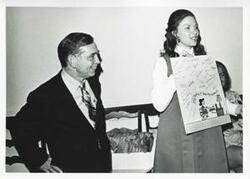 ["Black and white photograph print of Carl Albert, Jane England Lawton, and others at Lawton's party. March 8, 1974"]