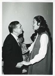 ["Black and white photograph print of Carl Albert, Jane England Lawton, and others at Lawton's party. March 8, 1974"]