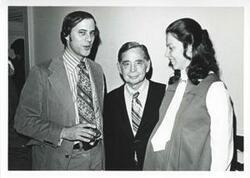 ["Black and white photograph print of Carl Albert, Jane England Lawton and another gentleman at Lawton's farewell party. March 8, 1974"]
