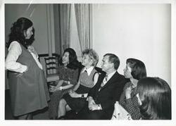 ["Black and white photograph print of Jane England Lawton, Helen Newman Tuttle, Carl Albert, Cecil Wolfe, and others at Lawton's farewell party. March 8, 1974"]