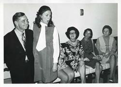 ["Black and white photograph print of Carl Albert, Jane England Lawton and others at Lawton's farewell party. March 8, 1974"]