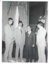 ["Black and white photograph print of Carl Albert and Tom Dunlap and friends during a visit to Carl Albert's office. August 14, 1972"]