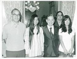 ["Black and white photograph print of Carl Albert with Mr. Russel Seiki et al (Mrs. Mink's constituents). August 1973"]