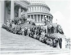 ["Black and white photograph print of large group of unidentified men standing or seated on the Capitol steps. Carl Albert is present."]