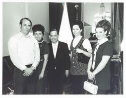 ["Black and white photograph print of Carl Albert with the John Goodyear family on their visit to Washington, D.C. June 21, 1971"]