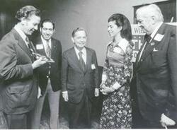 ["Black and white photograph print of Sam and Jane Honda, Jr. with Carl Albert and Franz Daniel during the Springfield trip. 1972"]
