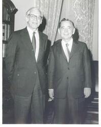 ["Black and white photograph print of Carl Albert posing with Morris Schafer March 15, 1973"]